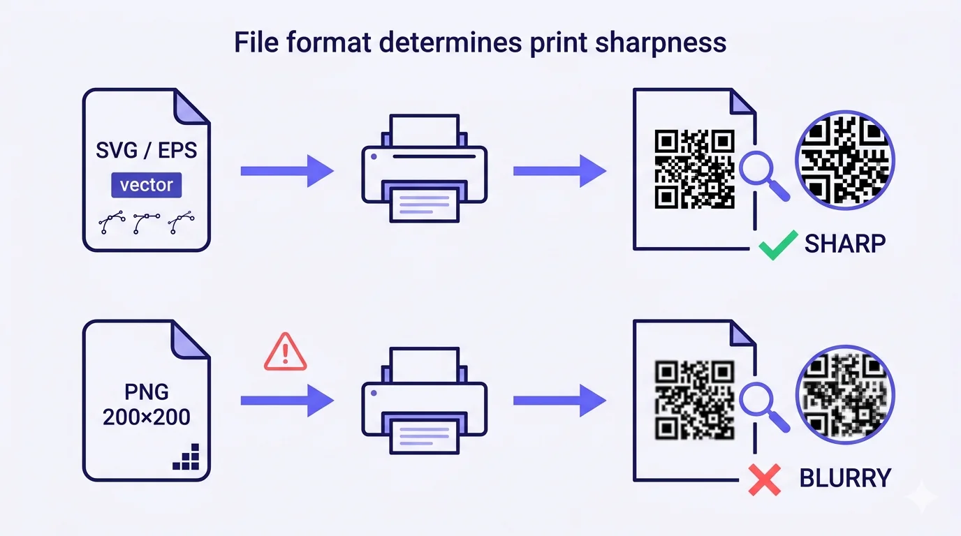 A flat-vector diagram with two horizontal print pipelines stacked vertically. The top pipeline shows a 'SVG / EPS' vector file flowing through a printer to produce a printed flyer with a sharp QR code, magnified to show clean black square modules, with a green checkmark and the label 'SHARP'. The bottom pipeline shows a 'PNG 200×200' raster file (with a red warning triangle above the arrow) flowing through the same printer to produce a printed flyer with a visibly blurry/pixelated QR code, magnified to show fuzzy and aliased module edges, with a red X and the label 'BLURRY'. A small headline reads 'File format determines print sharpness'.