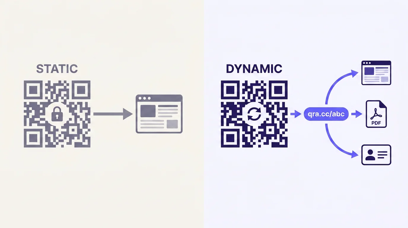Side-by-side diagram comparing a static QR code locked to a single webpage on the left with a dynamic QR code routing through qra.cc/abc to a webpage, a PDF, and a contact card on the right.