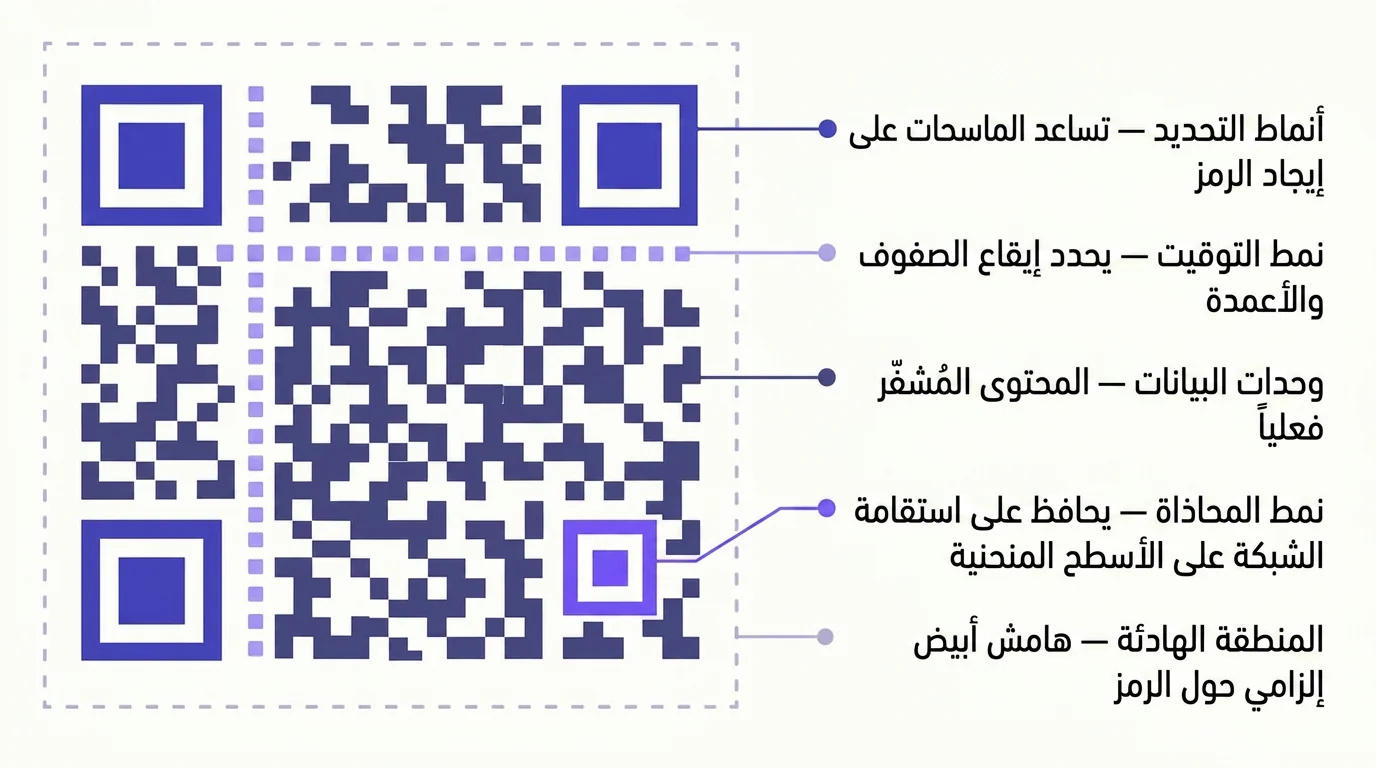 رسم توضيحي مع تعليقات لرمز QR يوضح خمسة مكونات: أنماط التحديد في الزوايا، صف وعمود نمط التوقيت، مربع نمط المحاذاة، شبكة وحدات البيانات، والمنطقة الهادئة المتقطعة حول الرمز.
