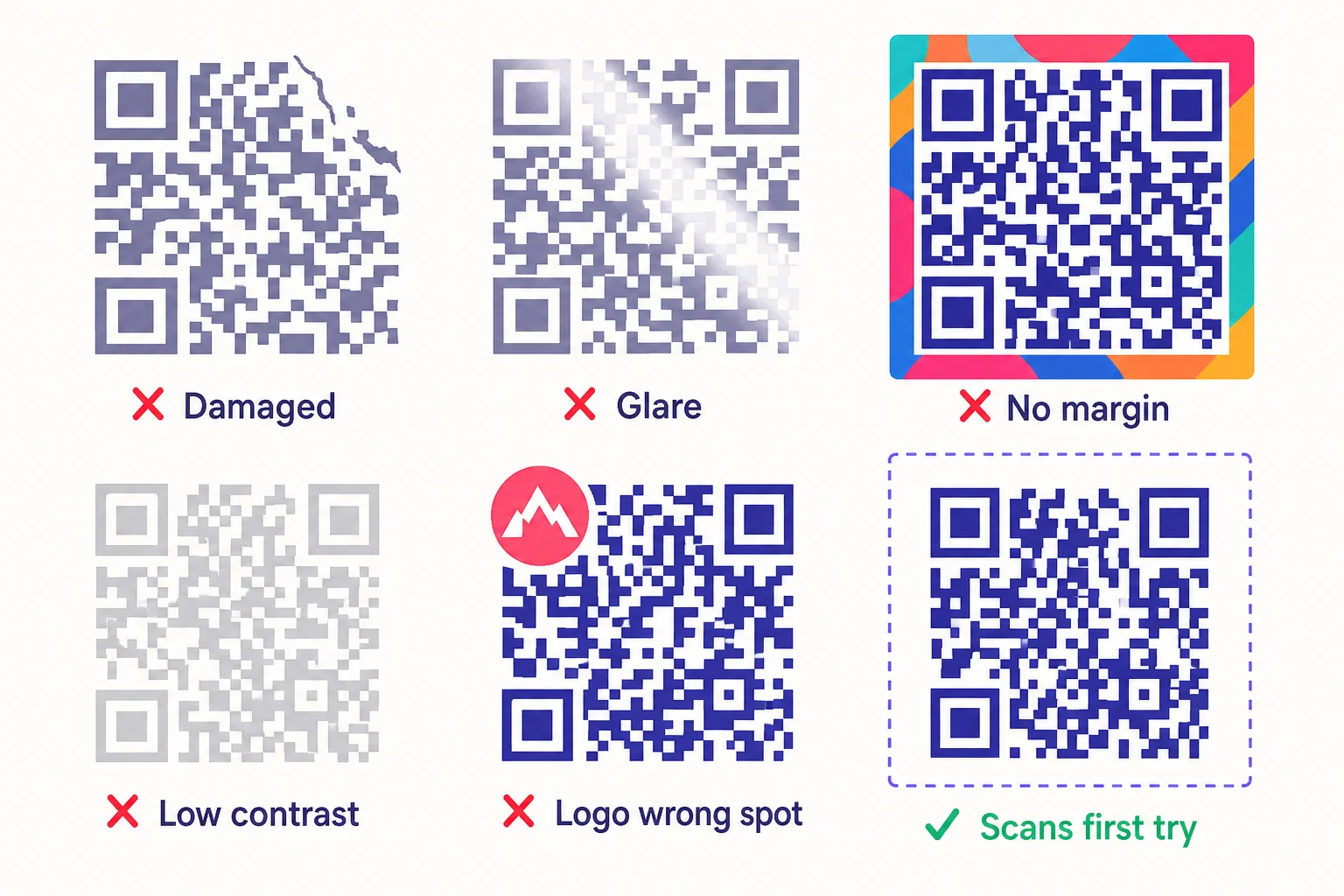 A 3x2 grid of six QR-code thumbnails: five visualise common scan-failure modes (damaged corner, glare stripe, no quiet zone, low contrast, logo over a finder pattern) each marked with a red ✗, and one clean reference QR marked with a green ✓ and the label ‘Scans first try’.