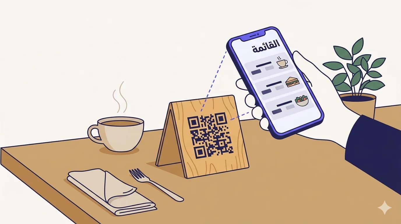 مشهد طاولة مقهى مسطّح: علامة طاولة خشبيّة برمز QR في وسط اليمين، ويد تمسك بهاتف ذكي فوقها تعرض شاشة قائمة بعنوان «القائمة» مع صفوف أيقونات طعام، كأس قهوة بالبخار على اليسار، منديل مطوي وشوكة في الأسفل اليسار، ونبتة ورقيّة صغيرة في الخلفيّة. خط متقطّع باللون النيلي يصل الرمز بكاميرا الهاتف.