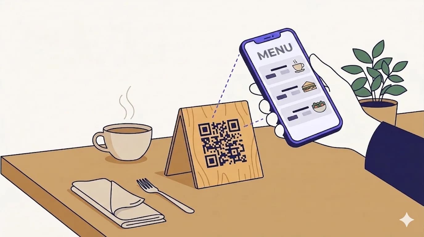 A flat-vector café table scene: a wooden table tent with a QR code stands centre-left, a hand holds a smartphone above it showing a stylised menu screen labelled ‘MENU’ with food-icon rows, a coffee cup with steam sits to the right, a folded napkin and fork are bottom-right, and a small leafy plant is in the back-left. A dashed indigo line connects the QR to the phone’s camera.