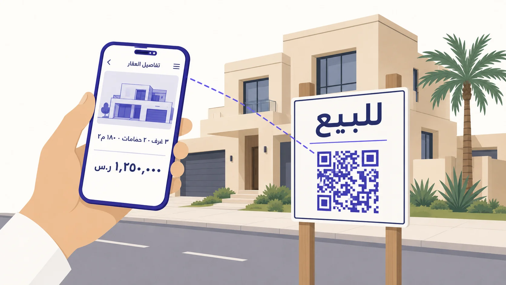 رسم مسطّح متّجهي لشارع سكني: لافتة «للبيع» مع رمز QR أمام فلّة عصرية ونخلة جانبية. يد ممسكة بهاتف ذكي فوق اللافتة، تعرض شاشة الهاتف بيانات العقار — غرف، حمّامات، مساحة، وسعر بالريال السعودي — متّصلة بالرمز عبر خط مسح متقطّع.