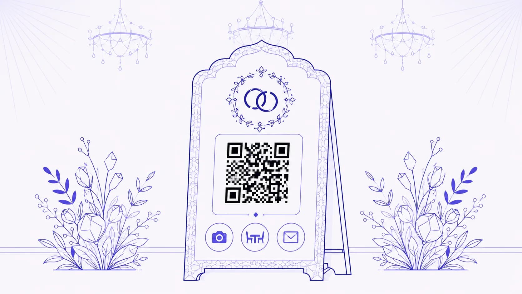 A flat-vector illustration of an elegant freestanding A-frame event signage panel with a scalloped arched top, drawn in deep indigo on an off-white background. At the top of the panel, a decorative monogram of two interlocking rings inside a circular wreath of geometric leaves. In the centre, a prominent black QR code. Below the QR, three small circular icon badges in accent indigo — a camera, a table-and-chair, and an envelope — representing photo sharing, seating chart, and RSVP. Flanking the sign on both sides, abstract flat-vector floral arrangements of stylised buds and leaves. Above the scene, three subtle low-opacity chandelier silhouettes.