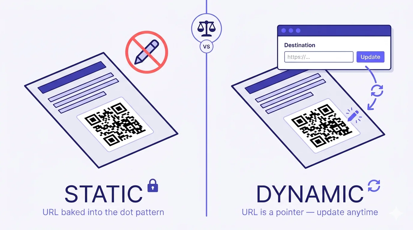 A flat-vector diptych diagram comparing static and dynamic QR codes. On the left, labelled 'STATIC', a printed flyer with a QR code and an edit-pencil icon crossed out by a red prohibition circle — captioned 'URL baked into the dot pattern'. On the right, labelled 'DYNAMIC', a visually identical flyer and QR code with a small dashboard panel hovering above showing a 'Destination' URL field and an 'Update' button, with a curved indigo refresh-arrow flowing from the dashboard back down to the printed QR — captioned 'URL is a pointer — update anytime'. A central balance-scale emblem with 'VS' divides the two sides.