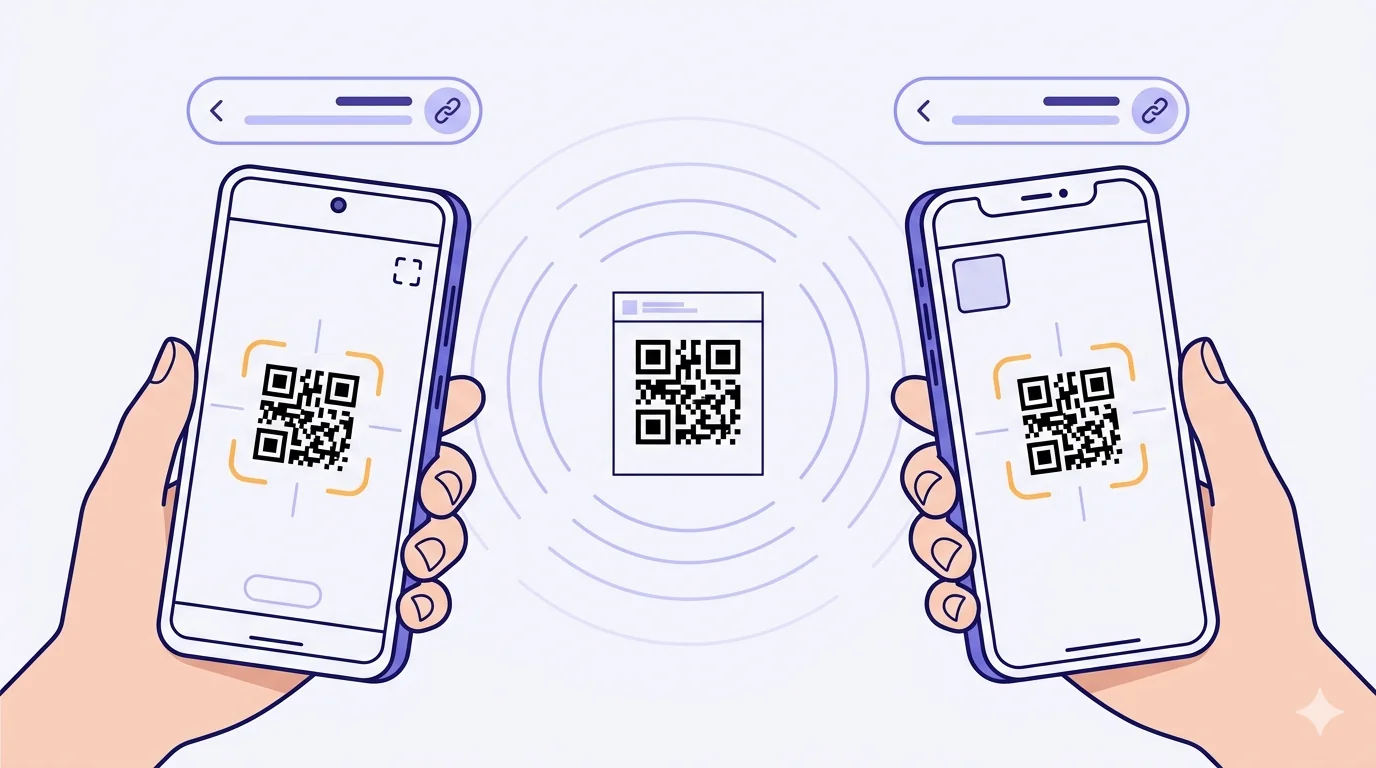 A flat-vector illustration of two smartphones in 3/4 perspective facing each other across a small central printed QR code poster, with cropped hands holding each device from below. Both phone screens show the camera viewfinder framing the QR code inside a bracket overlay, and above each phone a small notification toast pill shows a link icon and a placeholder URL line. Faint concentric scan-line arcs radiate outward from the central QR.
