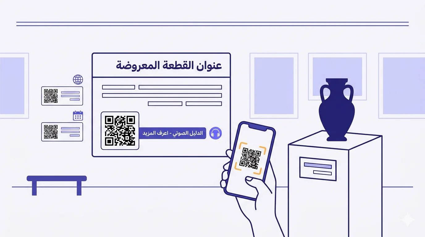رسم مسطّح متّجهي لمشهد قاعة متحف بتكوين معكوس من اليمين إلى اليسار. منصّة في المقدّمة-اليمين تعرض قطعة أثريّة مجرّدة بشكل جرّة فخّاريّة باللون النيلي العميق. خلفها على جدار القاعة تتدلّى لوحة تفسير متحفيّة تقرأ «عنوان القطعة المعروضة» متبوعةً بأسطر نصّ بديلة باللغة العربيّة ورمز QR أسود بارز في الزاوية السفلى-اليسرى مع تسمية «الدليل الصوتي / اعرف المزيد» وأيقونة سمّاعات صغيرة. بطاقتا QR أصغر بجانب اللوحة الرئيسيّة تعرضان أيقونة كرة أرضيّة (متعدّد اللغات) وأيقونة تقويم (مناسبات). هاتف بإطار عدسة أصفر يمسح QR الجدار من المقدّمة، تمسكه يد مقطوعة. شكل ظلّي لمقعد صغير في الجزء السفلي-الأيسر من القاعة، مع خطوط بديلة لإطارات صور على الجدار الخلفي.