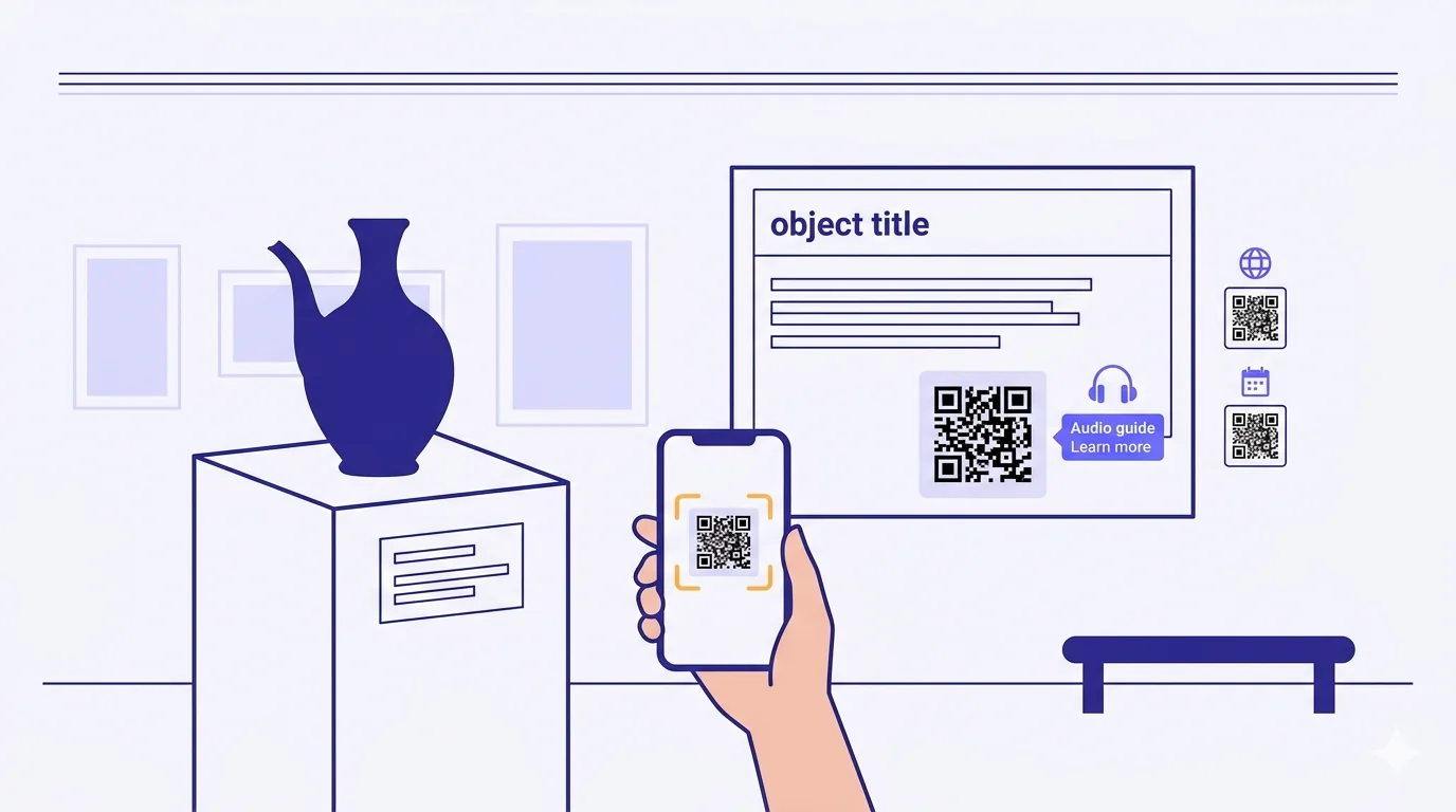 A flat-vector museum gallery scene illustration. A pedestal in the foreground-left displays an abstract amphora-shaped artefact in deep indigo. Behind it on the gallery wall hangs a museum interpretation panel reading 'object title' followed by placeholder body-text lines and a prominent black QR code in the bottom-right corner with an 'Audio guide / Learn more' label and a small earphones icon. Two smaller QR cards beside the main panel show a globe icon (multilingual) and a calendar icon (events). A phone with a yellow viewfinder bracket scans the wall QR from the foreground, held by a cropped hand. A small bench silhouette sits in the lower-right of the gallery, with abstract picture-frame outlines on the back wall.