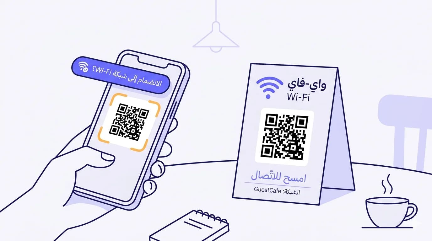مشهد مسطّح متّجهي لطاولة مقهى بتكوين معكوس من اليمين إلى اليسار. لافتة صغيرة قائمة للواي-فاي على اليمين تعرض أيقونة إشارة الواي-فاي، الكلمة «واي-فاي / Wi-Fi» مرصوفة، رمز QR أسود بارز، تسمية فرعيّة «امسح للاتّصال»، واسم شبكة بديل «GuestCafe». على اليسار، هاتف ذكي تمسكه يد مقطوعة، مع عدسة الكاميرا تؤطّر QR داخل إطار أصفر دافئ وفوقه شريط إشعار «الانضمام إلى شبكة Wi-Fi؟». الأجواء الخلفيّة: شكل ظلّي لمصباح متدلٍّ، كرسي، فنجان قهوة بخار، ودفتر صغير.