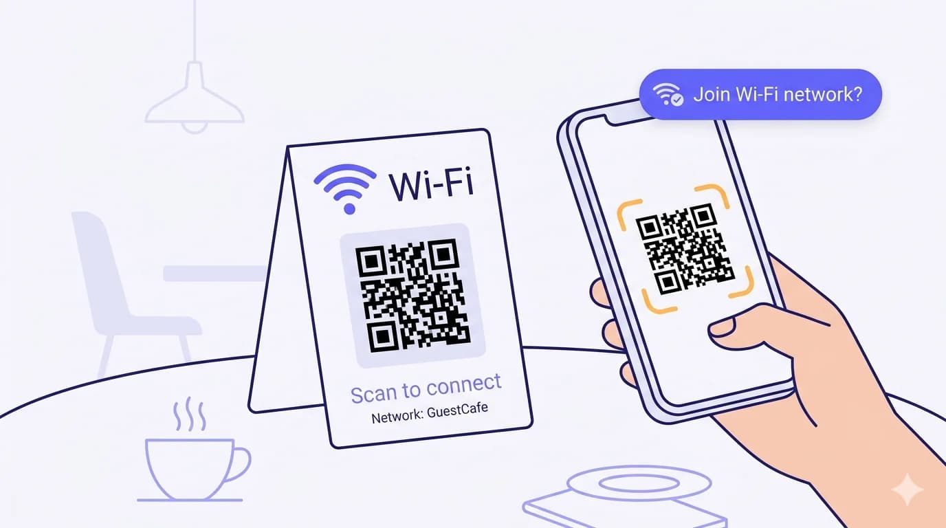 A flat-vector cafe-table scene with a small standing Wi-Fi placard on the left showing a Wi-Fi signal icon, the word 'Wi-Fi', a prominent black QR code, a 'Scan to connect' subtitle, and a placeholder network name 'GuestCafe'. To the right, a smartphone held by a cropped hand, with the camera viewfinder framing the QR inside a warm-yellow bracket and a notification toast above reading 'Join Wi-Fi network?'. Background ambience: a pendant light silhouette, a chair, a coffee cup with steam, and a small notebook.