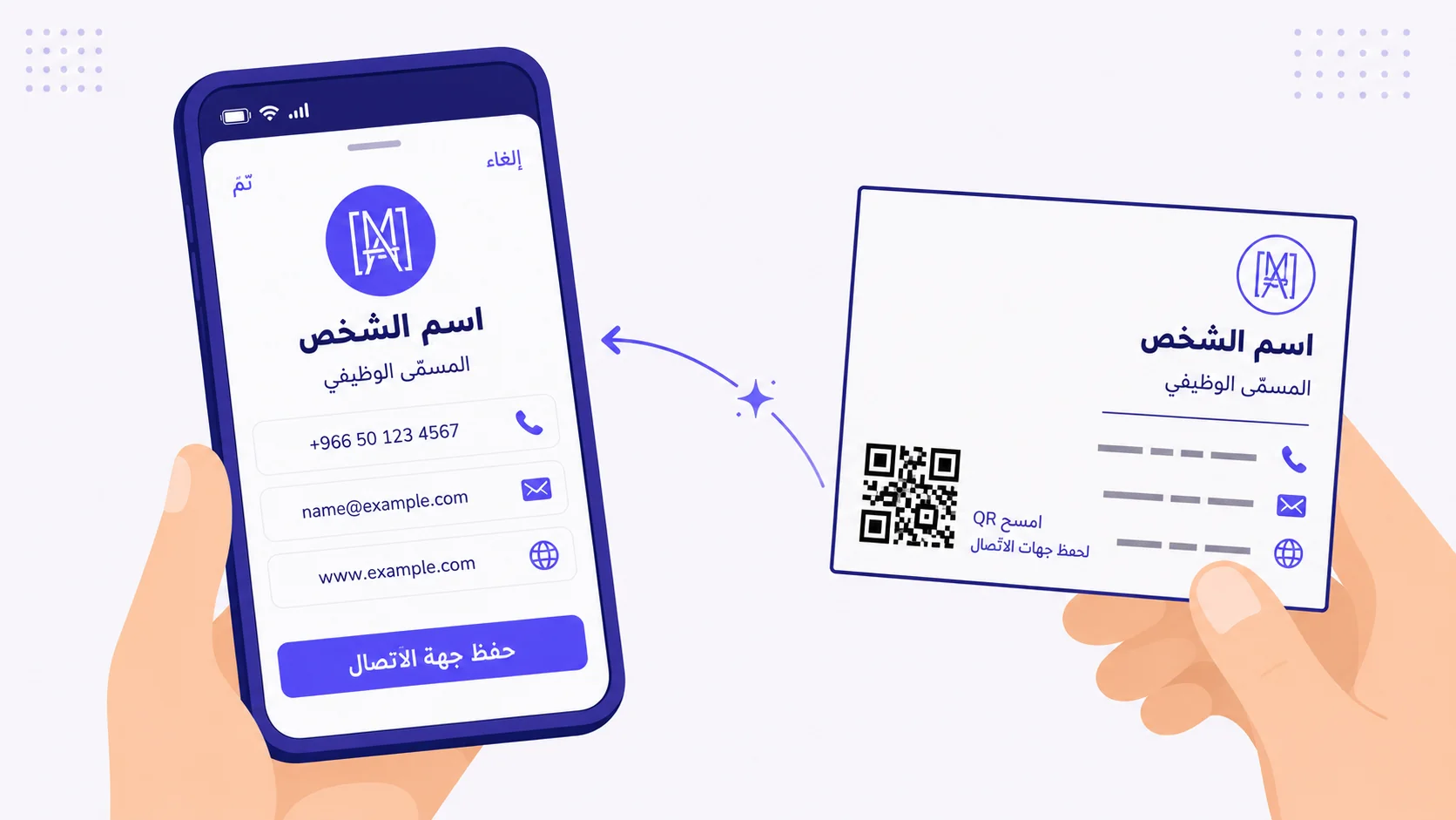 رسم مسطّح متّجهي لبطاقة عمل على اليمين، تمسكها يد مقطوعة، تعرض شعاراً، اسم «اسم الشخص»، مسمّى وظيفياً «المسمّى الوظيفي»، ثلاثة صفوف اتّصال (هاتف، بريد، موقع) بأيقونات صغيرة، ورمز QR في الزاوية السفليّة-اليسرى معنوناً «امسح رمز QR / لحفظ جهات الاتّصال». سهم نيلي منحنٍ مع لمسة بريق في منتصفه يجتاز اللوحة إلى هاتف ذكي على اليسار، تمسكه يد مقطوعة أيضاً، يعرض ورقة «حفظ جهة الاتّصال» مع صفّ علوي «إلغاء / تمّ»، صورة رمزيّة دائريّة بالشعار، الاسم والمسمّى نفسَيهما، الصفوف الثلاثة نفسها بالأيقونات، وزرّ استدعاء إجراء نيلي بارز «حفظ جهة الاتّصال» في الأسفل. أنماط نقاط زخرفيّة خفيفة في الزوايا العلويّة.