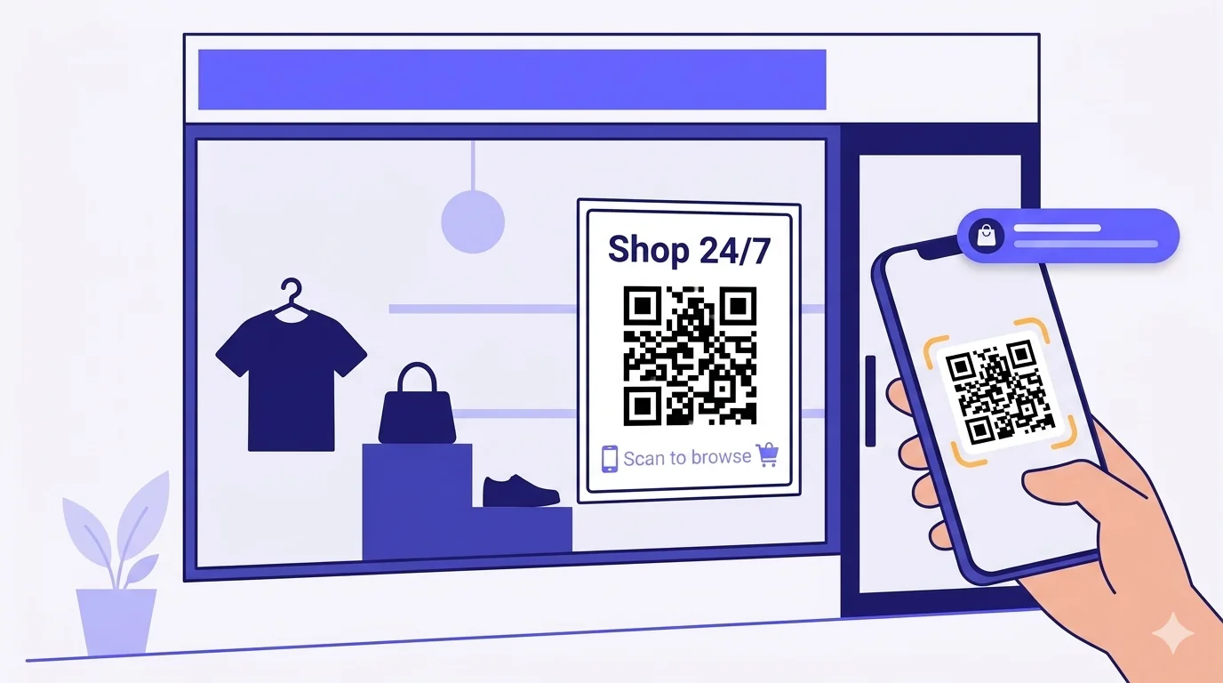 A flat-vector illustration of a retail shop storefront viewed from outside at a 3/4 angle. The window displays abstract clothing, handbag, and shoe silhouettes in deep indigo with a faint shelf line and a pendant light suggesting interior depth. On the window glass, a prominent rectangular QR placard reads 'Shop 24/7' above a crisp black QR code and 'Scan to browse' below it. To the right, a smartphone held by a cropped hand frames the QR inside a warm-yellow camera-viewfinder bracket, with a notification toast pill above showing a small shopping-bag icon and a placeholder URL line. A small planter silhouette sits on the sidewalk in the foreground.