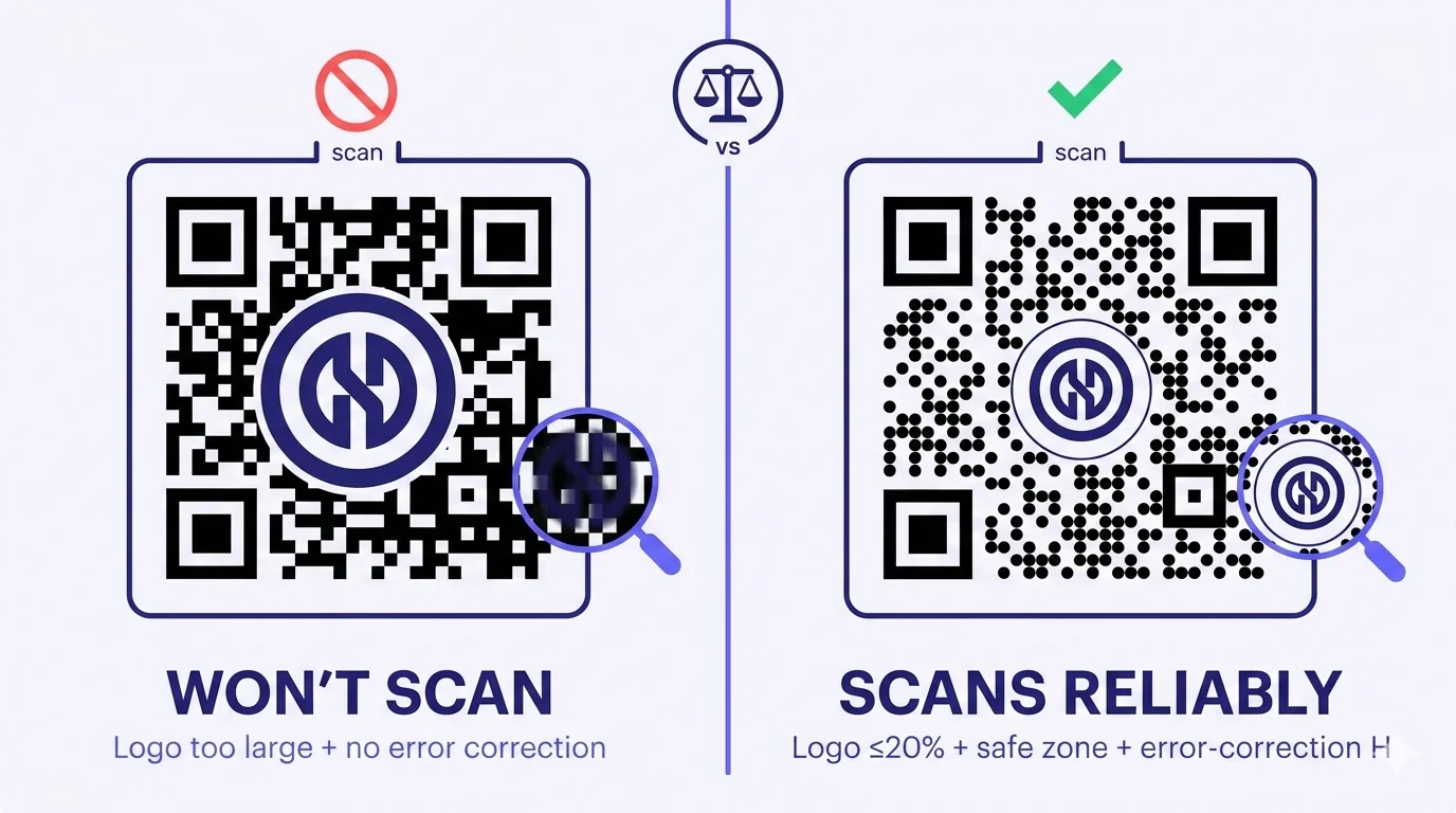 A flat-vector diagnostic diptych. On the left, labelled 'WON'T SCAN', a QR code with an oversized centre logo (about 35-40% of the QR width) and no protective white cutout, with the logo's dark indigo body overlapping QR modules; a red prohibition circle-slash hovers above and a magnifying-glass view shows the fuzzy logo-modules conflict zone enlarged. Caption: 'Logo too large + no error correction'. On the right, labelled 'SCANS RELIABLY', a visually similar QR with the same overall structure but with three critical fixes: the logo is smaller (about 18-22% of QR width), sits inside a clean white circular cutout with a thin indigo border, and the dot pattern is visibly denser indicating error-correction level H; a green checkmark hovers above and a magnifying-glass view shows clean separation between the logo and the surrounding modules. Caption: 'Logo ≤20% + safe zone + error-correction H'. A central balance-scale 'VS' emblem divides the two halves.