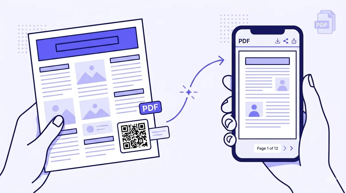 A flat-vector illustration of a printed tri-fold brochure on the left, held by a cropped hand, showing a heading band, multi-column body content with placeholder text lines and small image placeholders, a small 'PDF' badge, and a black QR code in a prominent bottom-right position. A curved indigo arrow with a sparkle accent at its midpoint sweeps to a smartphone on the right, held by another cropped hand, showing a PDF-viewer UI with a 'PDF' label and small download/share icons at the top, a rendered PDF page with heading and body placeholder lines, a small figure placeholder, and 'Page 1 of 12' page-navigation at the bottom. Floating PDF-document icons in the upper-right at low opacity.