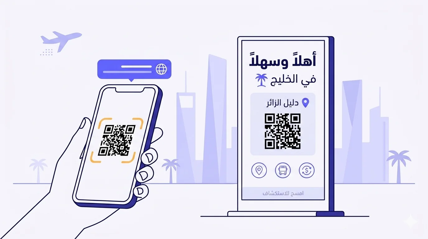 مشهد مسطّح متّجهي لقاعة وصول بتكوين معكوس من اليمين إلى اليسار. لافتة ترحيب طويلة قائمة على اليمين تعرض «أهلاً وسهلاً / في الخليج» مع أيقونة نخلة، رمز QR أسود بارز بتسمية «دليل الزائر» بجانبه، ثلاث مؤشّرات صفّ أيقونات صغيرة (دبّوس خريطة لدليل المدينة، حافلة للنقل، أيقونة صرف عملة)، وتذييل «امسح للاستكشاف». على اليسار، هاتف ذكي تمسكه يد مقطوعة يؤطّر QR داخل إطار عدسة كاميرا أصفر دافئ، مع فقّاعة إشعار فوقه تعرض أيقونة كرة أرضيّة صغيرة. تعرض الخلفيّة صورة ظلّيّة مجرّدة لأفق مدينة خليجيّة بثلاث أو أربع أشكال أبراج هندسيّة طويلة بشفافيّة منخفضة باللون النيلي، أشكال ظلّيّة لنخيل تحفّ المشهد، وشكل ظلّي صغير لطائرة في الزاوية العلويّة-اليسرى.