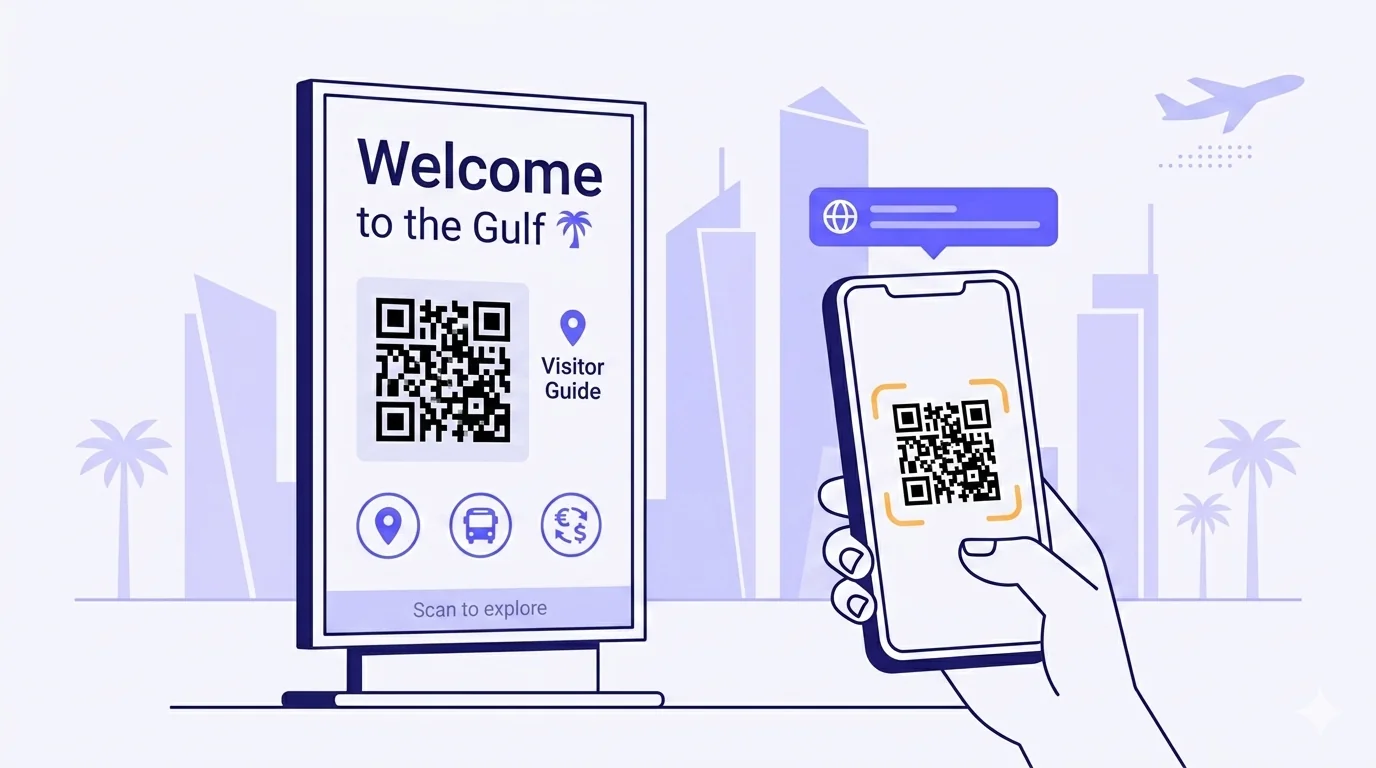 A flat-vector arrival-hall scene with a tall freestanding welcome placard on the left displaying 'Welcome to the Gulf' with a palm-tree icon, a prominent black QR code with a 'Visitor Guide' label beside it, three small icon-row indications (map-pin for city guide, bus for transport, currency-exchange icon), and a 'Scan to explore' footer. On the right, a smartphone held by a cropped hand frames the QR inside a warm-yellow camera-viewfinder bracket, with a notification toast pill above showing a small earth/globe icon. The background shows an abstract Gulf-cityscape skyline silhouette with three or four tall geometric tower shapes in low-opacity indigo, palm-tree silhouettes flanking the scene, and a small aeroplane silhouette in the top-right corner.