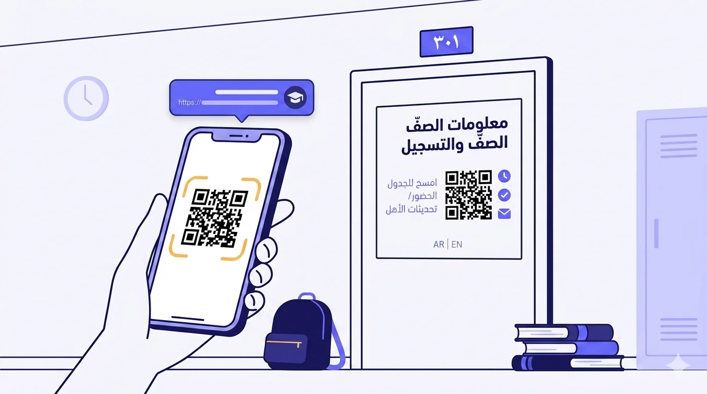 مشهد مسطّح متّجهي لممرّ مدرسة بتكوين معكوس من اليمين إلى اليسار. باب فصل على اليمين يعرض رقم غرفة بديل في الأعلى («٣٠١» بالأرقام العربيّة-الهنديّة) ولافتة QR تقرأ «معلومات الصفّ والتسجيل» مع رمز QR أسود بارز في الوسط، ثلاث تسميات أيقونيّة-صفّ صغيرة (ساعة للجدول، علامة صحّ للحضور، مظروف لتحديثات الأهل)، ومؤشّر تبديل ثنائي اللغة «AR | EN» في الأسفل. هاتف ذكي تمسكه يد مقطوعة على اليسار يؤطّر QR داخل إطار عدسة كاميرا أصفر دافئ، مع فقّاعة إشعار فوقه تعرض أيقونة قبّعة تخرّج. في المقدّمة، مكدّس من كتابَين أو ثلاثة في الجزء السفلي-الأيمن، شكل ظلّي لحقيبة ظهر في الجزء السفلي-الأيسر. في الخلفيّة، شكل ظلّي مجرّد لخزانة بشفافيّة منخفضة باللون النيلي وأيقونة ساعة صغيرة على جدار الممرّ في الجزء العلوي-الأيسر.