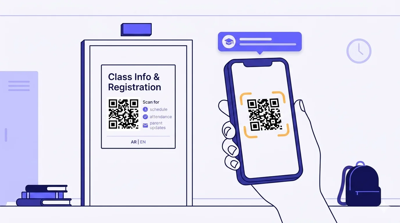 A flat-vector school-corridor scene with a classroom door on the left displaying a room-number placeholder above and a QR placard reading 'Class Info & Registration' with a prominent black QR code in the middle, three small icon-row labels (a clock for schedule, a checkmark for attendance, an envelope for parent updates), and a bilingual 'AR | EN' toggle indicator at the bottom. A smartphone held by a cropped hand on the right frames the QR inside a warm-yellow camera-viewfinder bracket, with a notification toast pill above showing a graduation-cap icon. In the foreground, a stack of two or three flat-vector books in the lower-left, a backpack silhouette in the lower-right. In the background, an abstract locker silhouette in low-opacity indigo and a small clock icon on the corridor wall in the upper-right.