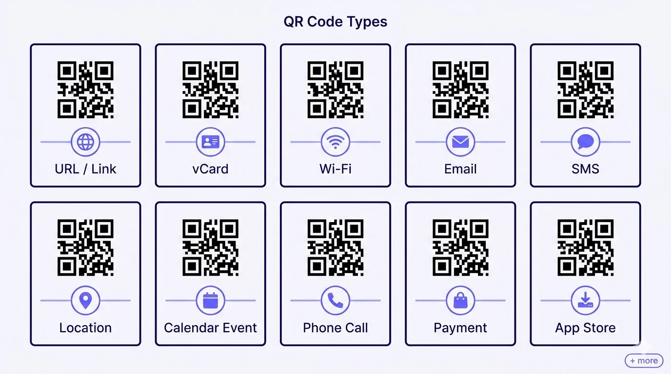 A flat-vector catalog grid of ten QR-code-type cards arranged in 2 rows of 5. Top row left-to-right: URL/Link with a globe icon, vCard with a business-card icon, Wi-Fi with a Wi-Fi-signal icon, Email with an envelope icon, SMS with a speech-bubble icon. Bottom row left-to-right: Location with a map-pin icon, Calendar Event with a calendar icon, Phone Call with a phone icon, Payment with a shopping-bag icon, App Store with a download-arrow icon. Each card has a small simplified placeholder QR pattern in the upper portion, a horizontal divider, the purpose icon centred in a thin indigo ring, and the type name below. The title 'QR Code Types' sits centred at the top of the canvas; a '+ more' badge sits in the bottom-right corner.