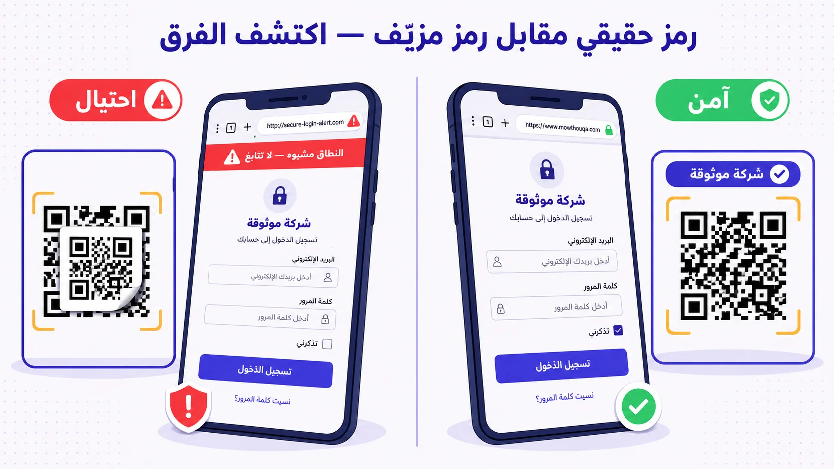 رسم متّجهي مسطّح يقارن الأمان. هاتفان جنباً إلى جنب بترتيب قراءة من اليمين إلى اليسار. الهاتف الأيمن مُعلَّم «آمن» بشارة خضراء: يمسح رمزاً ضمن إطار علامة تجاريّة يحمل «شركة موثوقة ✓» ويفتح صفحة تسجيل دخول عربيّة موثوقة مع قفل أخضر وشارة تحقّق. الهاتف الأيسر مُعلَّم «احتيال» بشارة حمراء: يمسح رمزاً مع ملصق QR ثانٍ صغير مُثبَّت فوق الأصلي (مزاح قليلاً، حافة مقشّرة) ويفتح صفحة عربيّة شبه مطابقة لكن مزيّفة، مع شريط تحذير أحمر يقرأ «النطاق مشبوه — لا تتابع». العنوان في الأعلى: «رمز حقيقي مقابل رمز مزيّف — اكتشف الفرق». ألوان: نيلي عميق وأبيض دافئ مع مستطيلات صفراء للماسح وعلامات خضراء/حمراء. التخطيط مُعكوس بالكامل من اليمين إلى اليسار.
