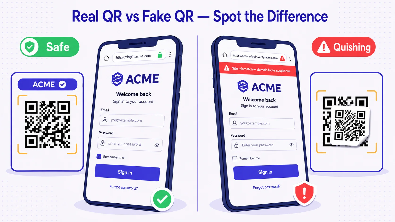 A flat-vector security comparison diagram. Two smartphones side by side. Left phone labelled 'Safe' in a green pill: scans a branded QR with the visible label 'ACME ✓' and opens a verified login page with a green padlock and green check badge. Right phone labelled 'Quishing' in a red pill: scans a QR with a second smaller QR sticker visibly stuck on top of the original (slightly off-centre, peeling at one edge) and opens a near-identical fake login page with a red warning banner reading 'Site mismatch — domain looks suspicious'. Title centred at the top: 'Real QR vs Fake QR — Spot the Difference'. Deep indigo and off-white palette with warm-yellow viewfinder brackets and accent green/red markers.