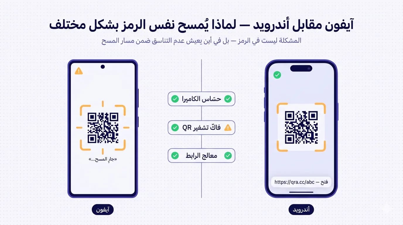 رسم متّجهي تشخيصي مسطّح يعرض هاتفَين متجاورَين، كلاهما يمسح نفس رمز QR، مع مكدّس مقارنة بينهما. الهاتف الأيمن (أوّل في القراءة من اليمين إلى اليسار): صورة ظليّة بنمط أندرويد بكاميرا بفتحة دائريّة، يمسح الرمز نفسه، مستطيلات الماسح في حالة بحث/تردّد، مؤشّر «جارٍ المسح...»، لا شريط رابط بعد، وشارة تحذير صفراء دافئة في الزاوية اليُسرى العلوية للشاشة تشير إلى تأخير. شارة «أندرويد» تحته. الهاتف الأيسر: صورة ظليّة بنمط آيفون بحزّة/جزيرة ديناميكيّة في الأعلى، كاميرا تمسح الرمز، مستطيلات الماسح ملتقطة، شريط معاينة الرابط في الأسفل يقرأ «https://qra.cc/abc — فتح؟»، وشارة فحص خضراء في الزاوية اليُسرى العلوية تشير إلى النجاح. شارة «آيفون» تحته. بين الهاتفين، ثلاث شارات تشخيص تقارن الاثنين: «حسّاس الكاميرا» (كلاهما أخضر)، «فاكّ تشفير QR» (آيفون أخضر، أندرويد أصفر)، «معالج الرابط» (كلاهما أخضر). العنوان: «آيفون مقابل أندرويد — لماذا يُمسح نفس الرمز بشكل مختلف». العنوان الفرعي: «المشكلة ليست في الرمز — بل في أين يعيش عدم التناسق ضمن مسار المسح». لوحة ألوان نيلي عميق وأبيض دافئ مع لمسات حالة صفراء وخضراء فقط، بلا أحمر. التخطيط مُعكوس بالكامل من اليمين إلى اليسار.