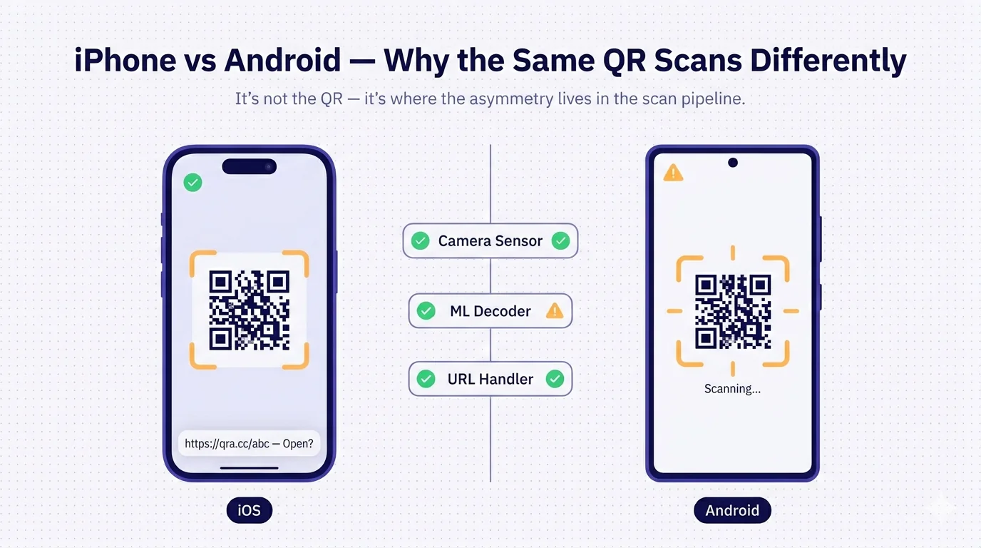 A flat-vector diagnostic illustration showing two phones side by side, both scanning the same QR code, with a comparison annotation stack between them. Left phone: iPhone-style silhouette with a small notch/Dynamic-Island pill at the top, camera scanning the QR, warm-yellow viewfinder brackets snapped on, a URL preview banner at the bottom reading 'https://qra.cc/abc — Open?', and a green check badge in the top-right of the screen indicating success. 'iOS' label pill below. Right phone: Android-style silhouette with a punch-hole camera, same QR being scanned, viewfinder brackets in a searching/hesitant state, 'Scanning...' indicator, no URL banner yet, and a warm-yellow warning badge in the top-right indicating delay. 'Android' label pill below. Between the phones, three diagnostic chips comparing the two: 'Camera Sensor' (both green), 'ML Decoder' (iPhone green, Android yellow), 'URL Handler' (both green). Title: 'iPhone vs Android — Why the Same QR Scans Differently'. Subtitle: 'It's not the QR — it's where the asymmetry lives in the scan pipeline.' Deep indigo and off-white palette with warm-yellow and green status accents only, no red.