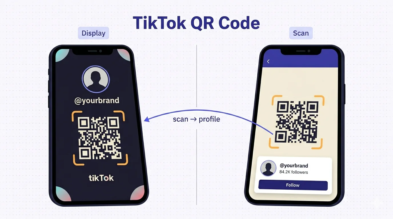 A flat-vector illustration showing two smartphones side by side, separated by a thin vertical divider, illustrating the share-and-scan loop of a TikTok QR code with a dark-theme aesthetic distinguishing it from the Instagram nametag visual. Left phone labelled 'Display' above it: shows a TikTok-style profile-share screen with a dark off-black card filling most of the screen, a circular profile-photo placeholder in a thin indigo ring near the top, the handle '@yourbrand' in off-white text, a large QR code centred in light-cream-on-charcoal with warm-yellow viewfinder brackets, and the 'tiktok' wordmark in off-white at the bottom. The card has desaturated cyan and pink gradient accents at its corners suggesting TikTok identity without copying its full trademark. Centre: an accent-indigo curved arrow flows from the QR to the right phone, labelled 'scan → profile'. Right phone labelled 'Scan' above it: shows a TikTok in-app camera scanning the QR with viewfinder brackets snapping on, and a small result card flutters up at the bottom showing a profile photo, '@yourbrand' handle, '84.2K followers' line, and an indigo 'Follow' button. The right phone is light-themed to mirror the real in-app scanning UI. Title centred at top: 'TikTok QR Code'. Off-white background with dotted-grid pattern.
