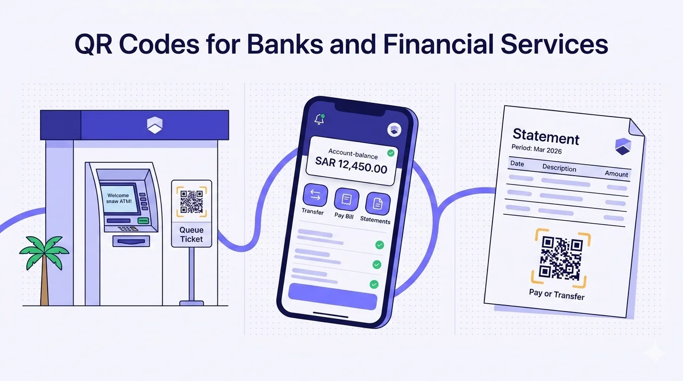 A flat-vector three-panel illustration representing the customer banking journey across QR touchpoints, connected by a flowing accent-indigo line arcing left-to-right. Left panel: a modern bank ATM standing freely in clean architectural minimalism with white walls, a flat indigo awning bearing a generic geometric bank-logo placeholder, the ATM screen showing a welcome message, and beside it a freestanding card with a branded QR code and warm-yellow viewfinder brackets labelled 'Queue Ticket', with a stylised palm tree nearby. Centre panel: a smartphone tilted slightly showing a mobile-banking app — deep-indigo header bar with bank-logo placeholder, account-balance display 'SAR 12,450.00', three quick-action buttons ('Transfer', 'Pay Bill', 'Statements'), and a notification banner reading 'New QR scan detected — Pay request from statement'. Right panel: a paper bank statement angled slightly with a 'Statement' header, 'Period: Mar 2026' line, four placeholder line-item rows, and a prominent branded QR code at the bottom with warm-yellow brackets labelled 'Pay or Transfer'. Title at top: 'QR Codes for Banks and Financial Services'. Deep indigo and off-white palette on a dotted-grid background. Generic bank-logo placeholders only — no real bank brand mimicked.